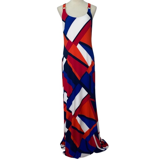 Lauren Ralph Lauren Print Ring Trim Jersey Halter Gown Sz 12 Abstract Formal - Picture 1 of 14